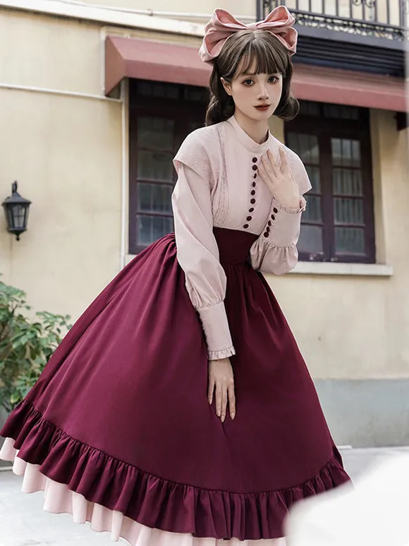 Classical Lolita Dress Polyester Long Sleeves Lolita Dresses Classic Burgundy