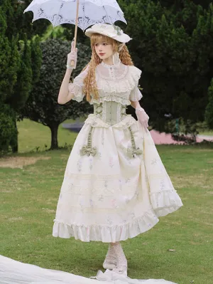 Classical Lolita Dress Polyester Short Sleeves Floral Print Lolita Dresses Classic Ecru White