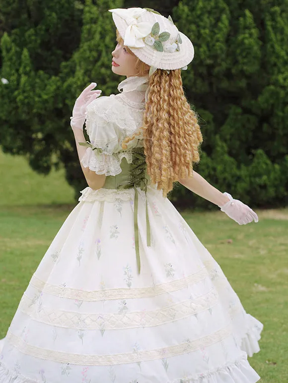 Classical Lolita Dress Polyester Short Sleeves Floral Print Lolita Dresses Classic Ecru White