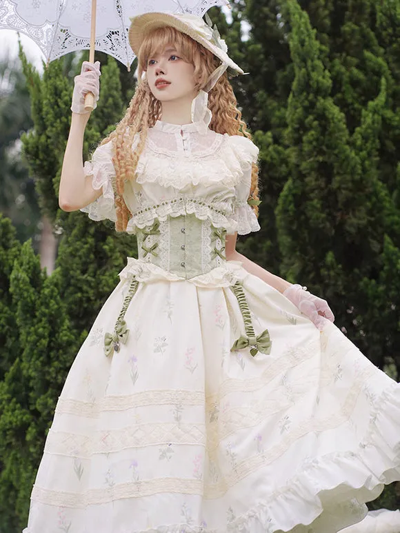 Classical Lolita Dress Polyester Short Sleeves Floral Print Lolita Dresses Classic Ecru White