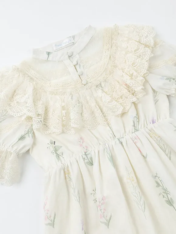 Classical Lolita Dress Polyester Short Sleeves Floral Print Lolita Dresses Classic Ecru White