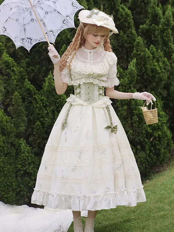 Classical Lolita Dress Polyester Short Sleeves Floral Print Lolita Dresses Classic Ecru White