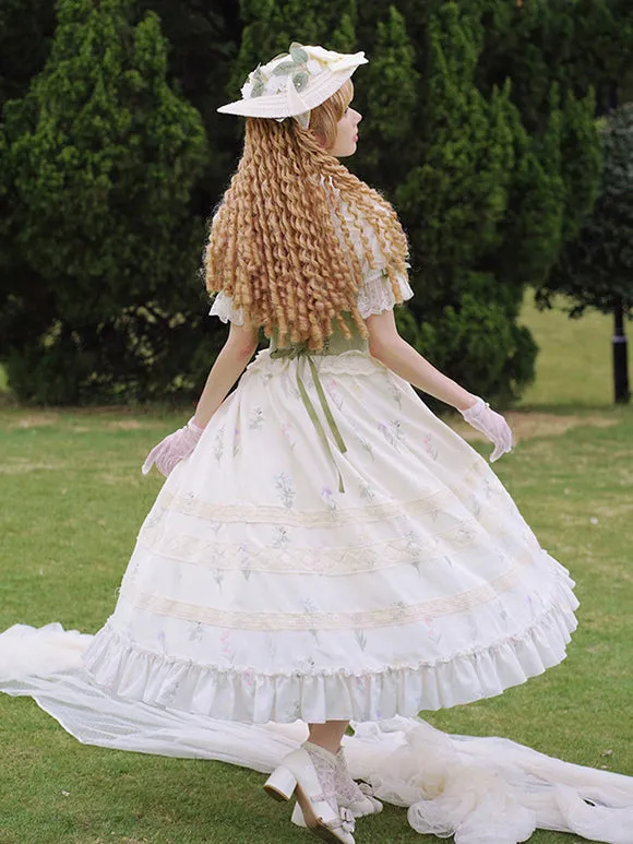 Classical Lolita Dress Polyester Short Sleeves Floral Print Lolita Dresses Classic Ecru White
