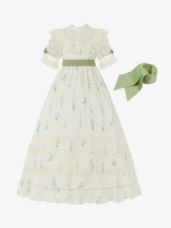 Classical Lolita Dress Polyester Short Sleeves Floral Print Lolita Dresses Classic Ecru White