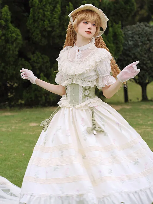 Classical Lolita Dress Polyester Short Sleeves Floral Print Lolita Dresses Classic Ecru White