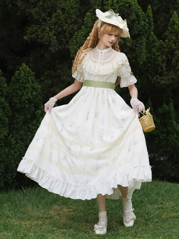 Classical Lolita Dress Polyester Short Sleeves Floral Print Lolita Dresses Classic Ecru White