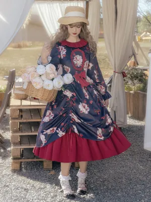 Classical Lolita Dress Velour Long Sleeves Floral Print Lolita Dresses Classic Black