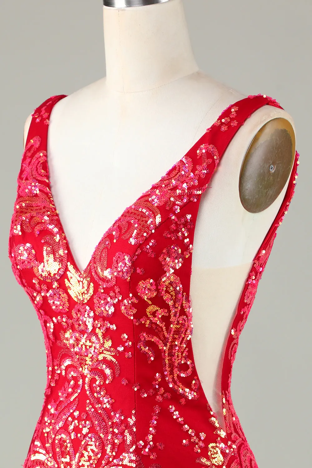 Classy Red V Neck Backless Sparkly Sequin Tight Homecoming Dress