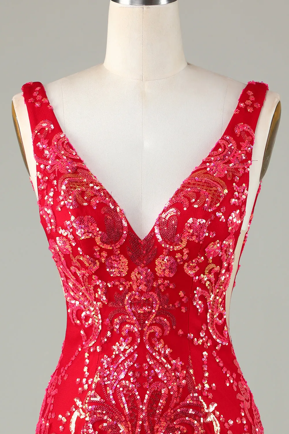 Classy Red V Neck Backless Sparkly Sequin Tight Homecoming Dress