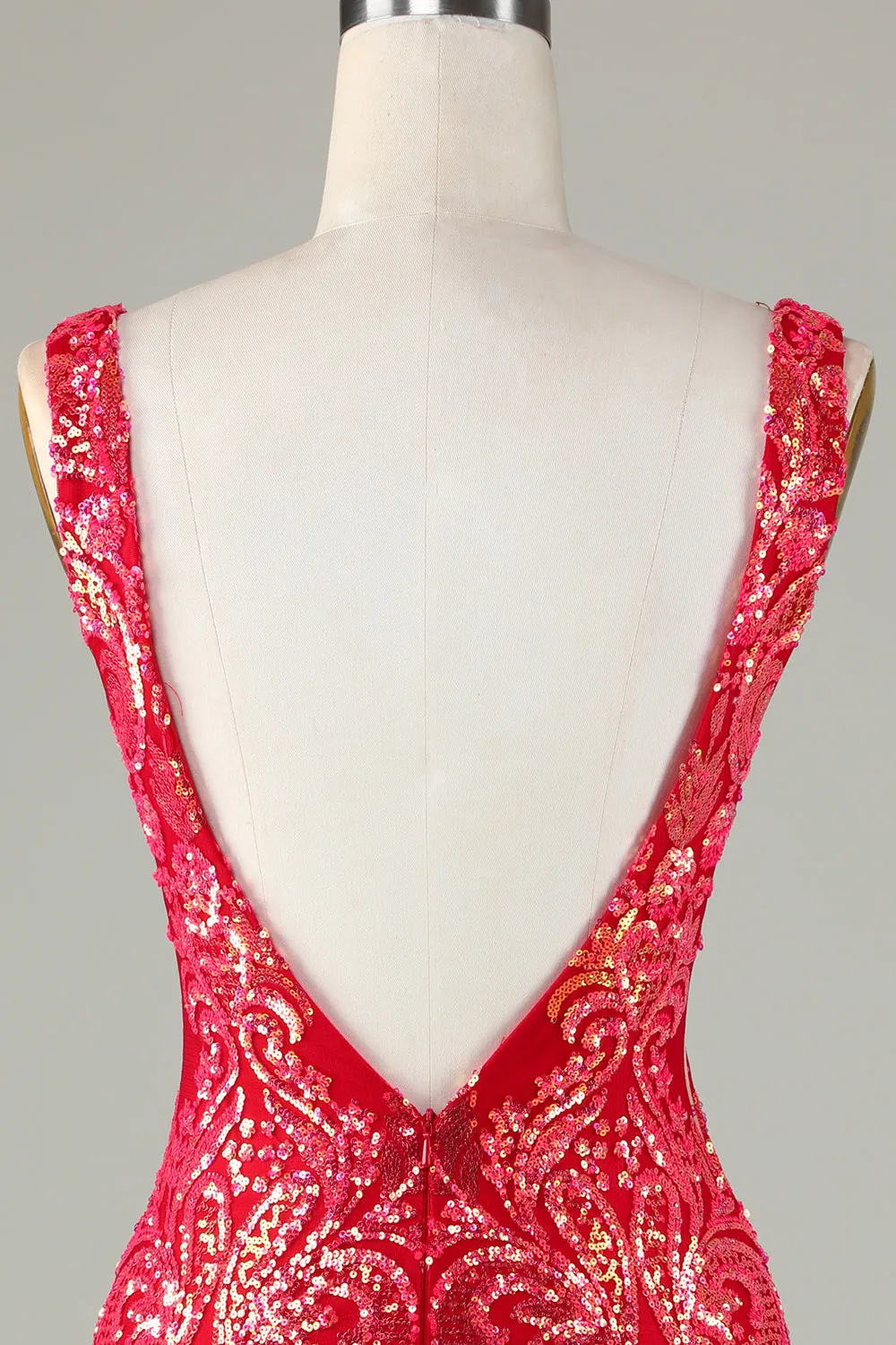Classy Red V Neck Backless Sparkly Sequin Tight Homecoming Dress