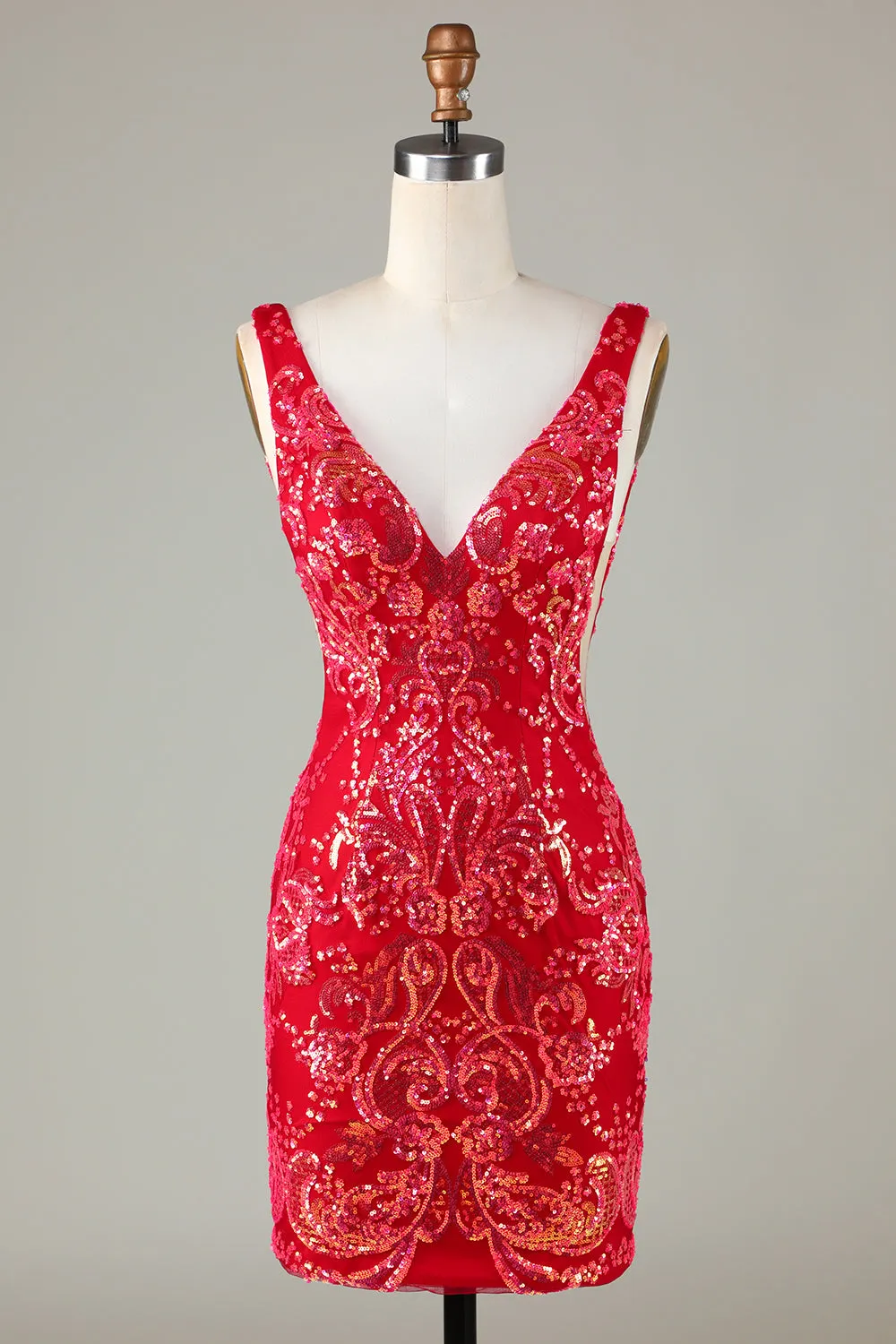 Classy Red V Neck Backless Sparkly Sequin Tight Homecoming Dress