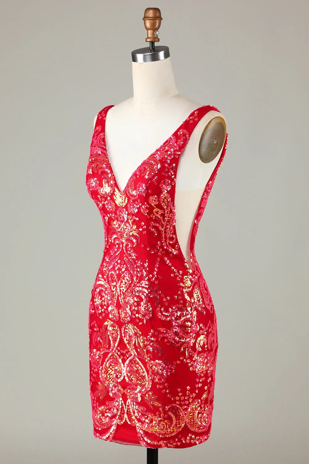 Classy Red V Neck Backless Sparkly Sequin Tight Homecoming Dress