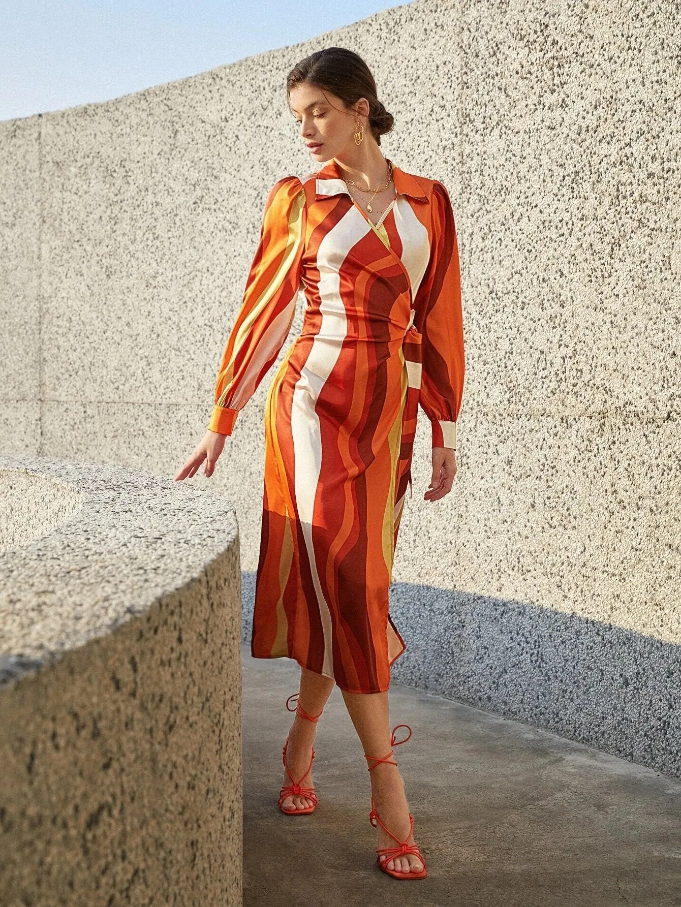CM-DS025805 Women Elegant Seoul Style Striped Print Ruffle Trim Knot Front Shirt Dress