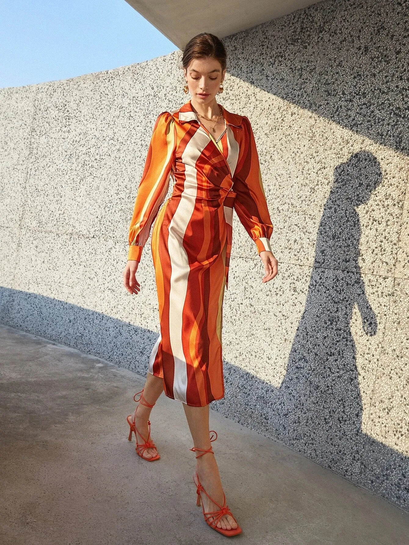 CM-DS025805 Women Elegant Seoul Style Striped Print Ruffle Trim Knot Front Shirt Dress