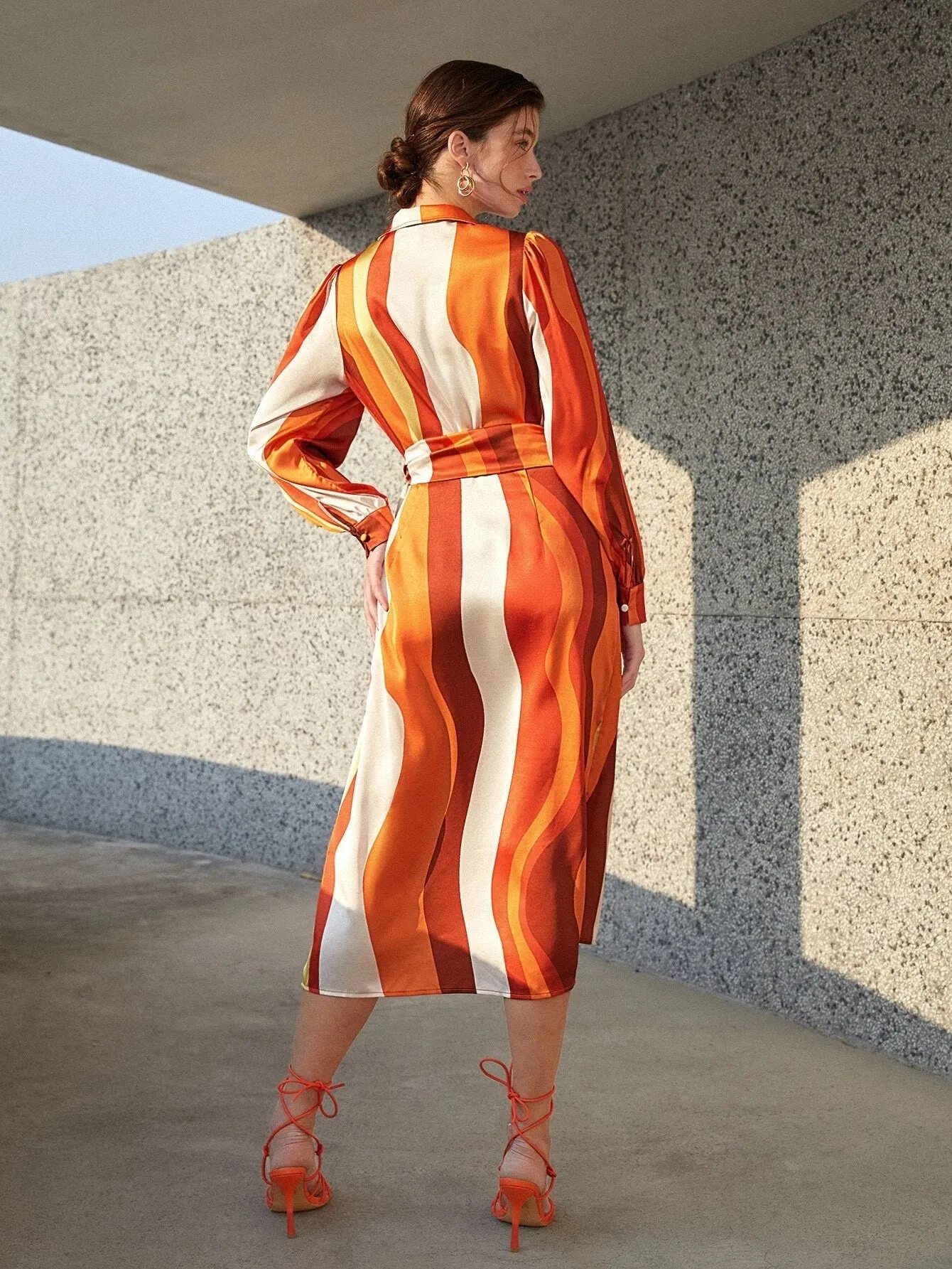 CM-DS025805 Women Elegant Seoul Style Striped Print Ruffle Trim Knot Front Shirt Dress