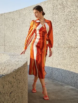 CM-DS025805 Women Elegant Seoul Style Striped Print Ruffle Trim Knot Front Shirt Dress