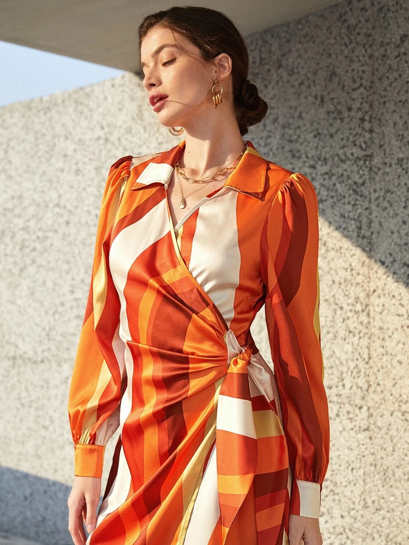 CM-DS025805 Women Elegant Seoul Style Striped Print Ruffle Trim Knot Front Shirt Dress