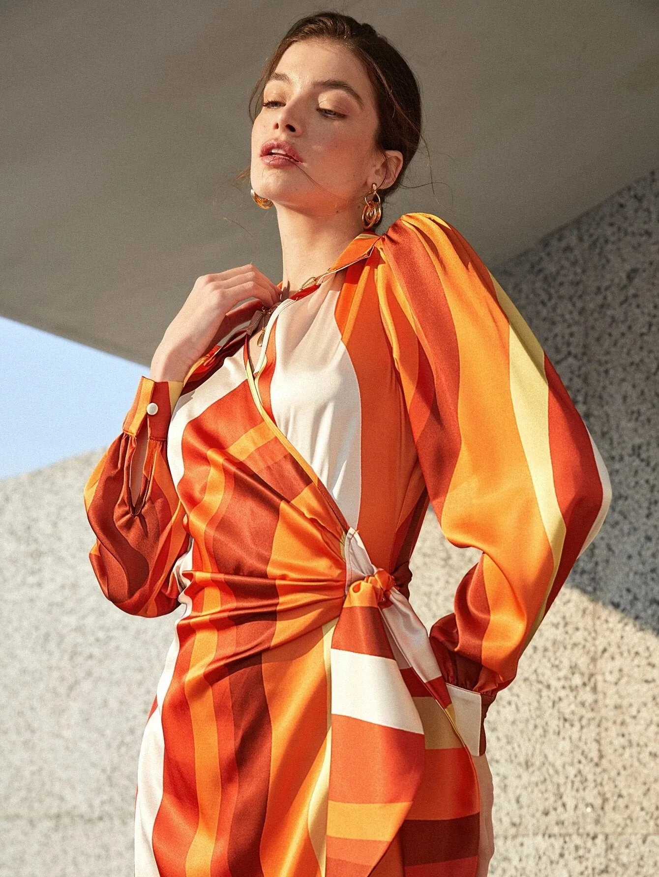CM-DS025805 Women Elegant Seoul Style Striped Print Ruffle Trim Knot Front Shirt Dress