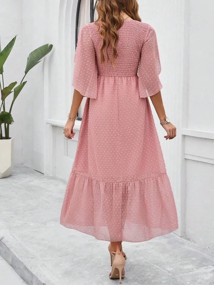 CM-DS085208 Women Elegant Seoul Style Solid Color V-Neck Ruffle Hem Dress - Pink