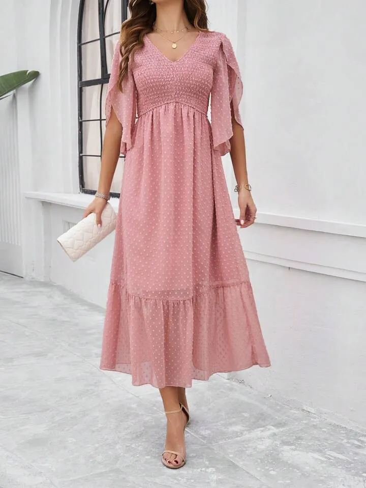 CM-DS085208 Women Elegant Seoul Style Solid Color V-Neck Ruffle Hem Dress - Pink