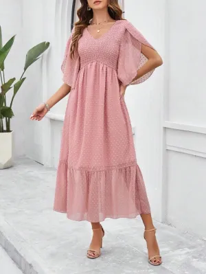 CM-DS085208 Women Elegant Seoul Style Solid Color V-Neck Ruffle Hem Dress - Pink