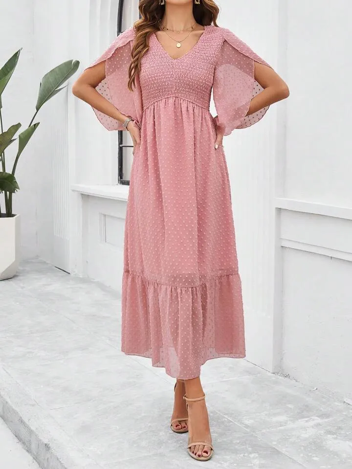 CM-DS085208 Women Elegant Seoul Style Solid Color V-Neck Ruffle Hem Dress - Pink