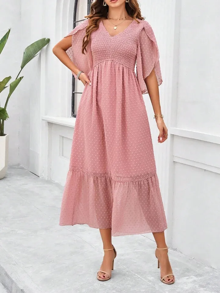 CM-DS085208 Women Elegant Seoul Style Solid Color V-Neck Ruffle Hem Dress - Pink