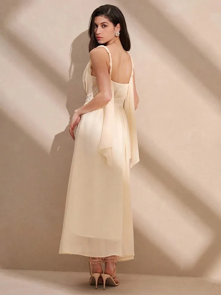 CM-DS112862 Women Elegant Seoul Style Solid Color Spaghetti Strap Sleeveless Maxi Dress - Apricot