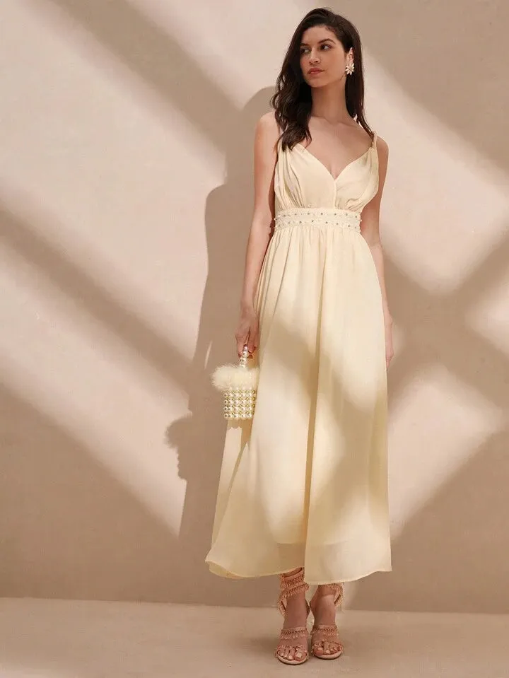 CM-DS112862 Women Elegant Seoul Style Solid Color Spaghetti Strap Sleeveless Maxi Dress - Apricot