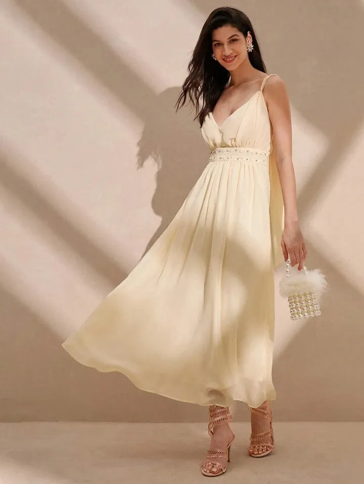 CM-DS112862 Women Elegant Seoul Style Solid Color Spaghetti Strap Sleeveless Maxi Dress - Apricot