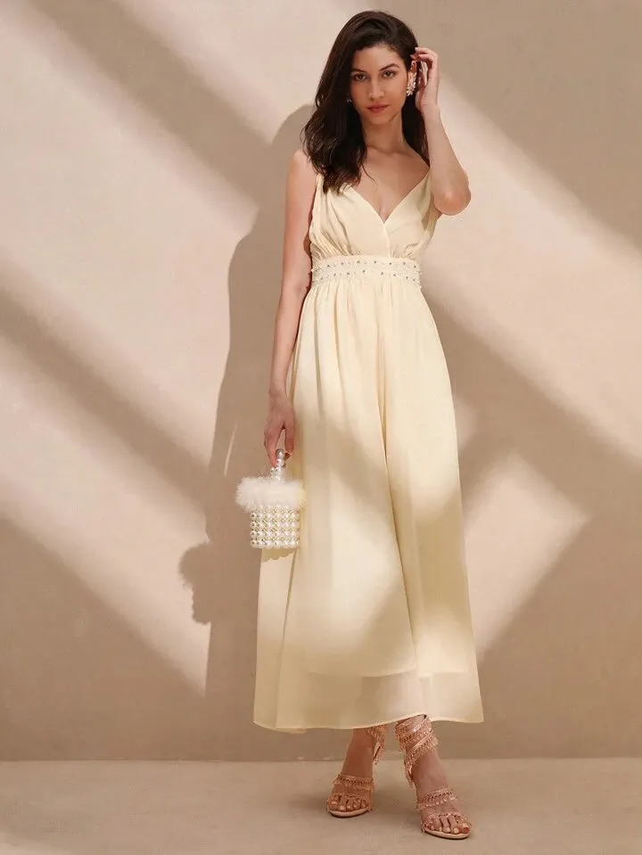 CM-DS112862 Women Elegant Seoul Style Solid Color Spaghetti Strap Sleeveless Maxi Dress - Apricot