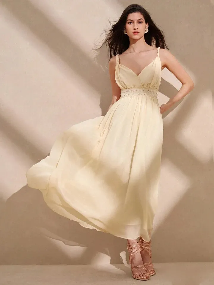 CM-DS112862 Women Elegant Seoul Style Solid Color Spaghetti Strap Sleeveless Maxi Dress - Apricot