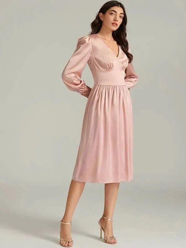 CM-DS125232 Women Elegant Seoul Style V-Neck High Waist Bishop Sleeve Satin Dress - Pink