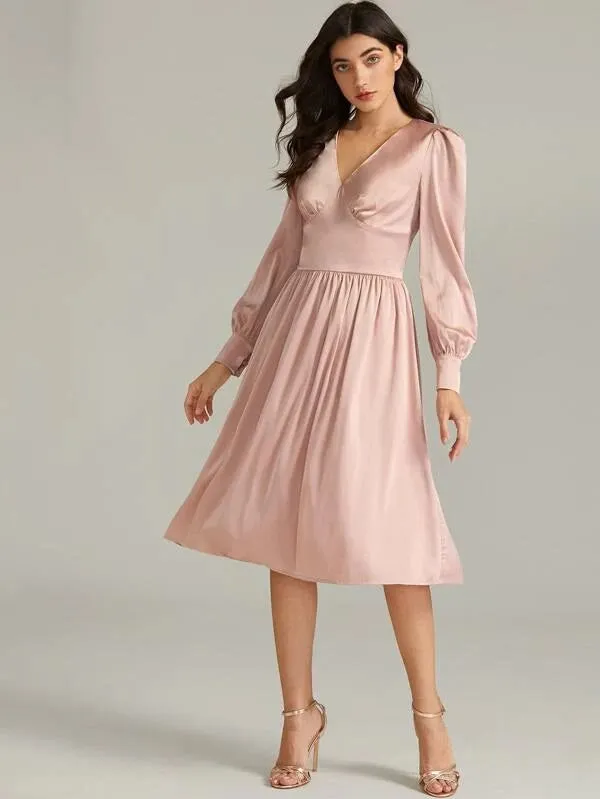 CM-DS125232 Women Elegant Seoul Style V-Neck High Waist Bishop Sleeve Satin Dress - Pink