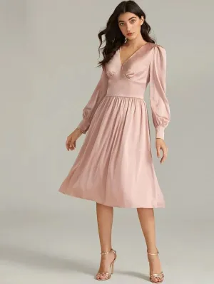 CM-DS125232 Women Elegant Seoul Style V-Neck High Waist Bishop Sleeve Satin Dress - Pink