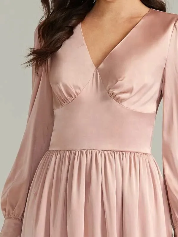 CM-DS125232 Women Elegant Seoul Style V-Neck High Waist Bishop Sleeve Satin Dress - Pink
