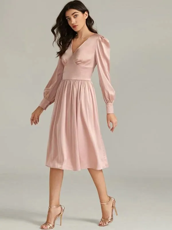 CM-DS125232 Women Elegant Seoul Style V-Neck High Waist Bishop Sleeve Satin Dress - Pink