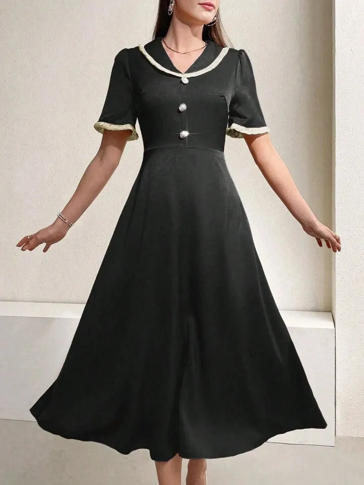 CM-DS135808 Women Casual Seoul Style Contrast Color Edging Peter Pan Collar Front Buttoned Dress