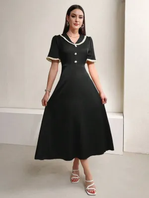 CM-DS135808 Women Casual Seoul Style Contrast Color Edging Peter Pan Collar Front Buttoned Dress