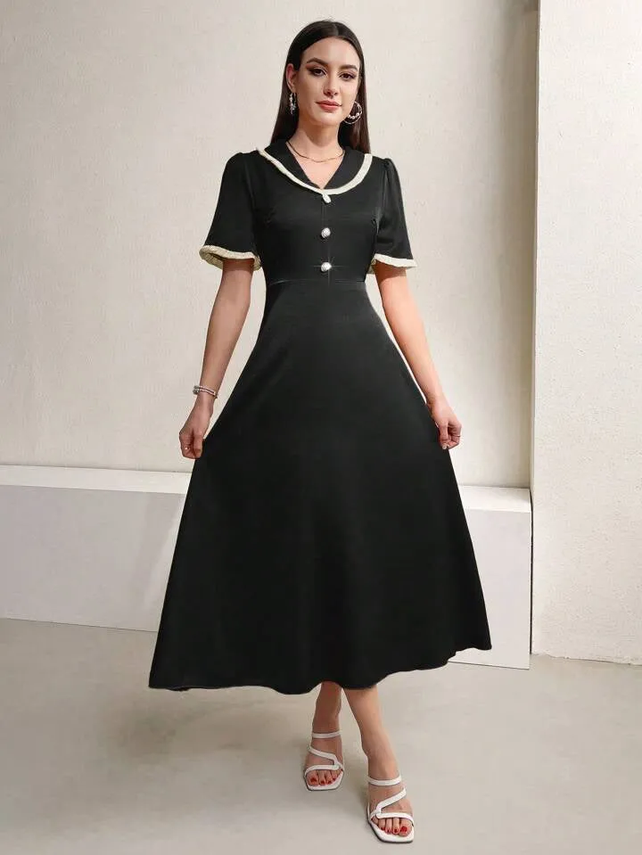 CM-DS135808 Women Casual Seoul Style Contrast Color Edging Peter Pan Collar Front Buttoned Dress