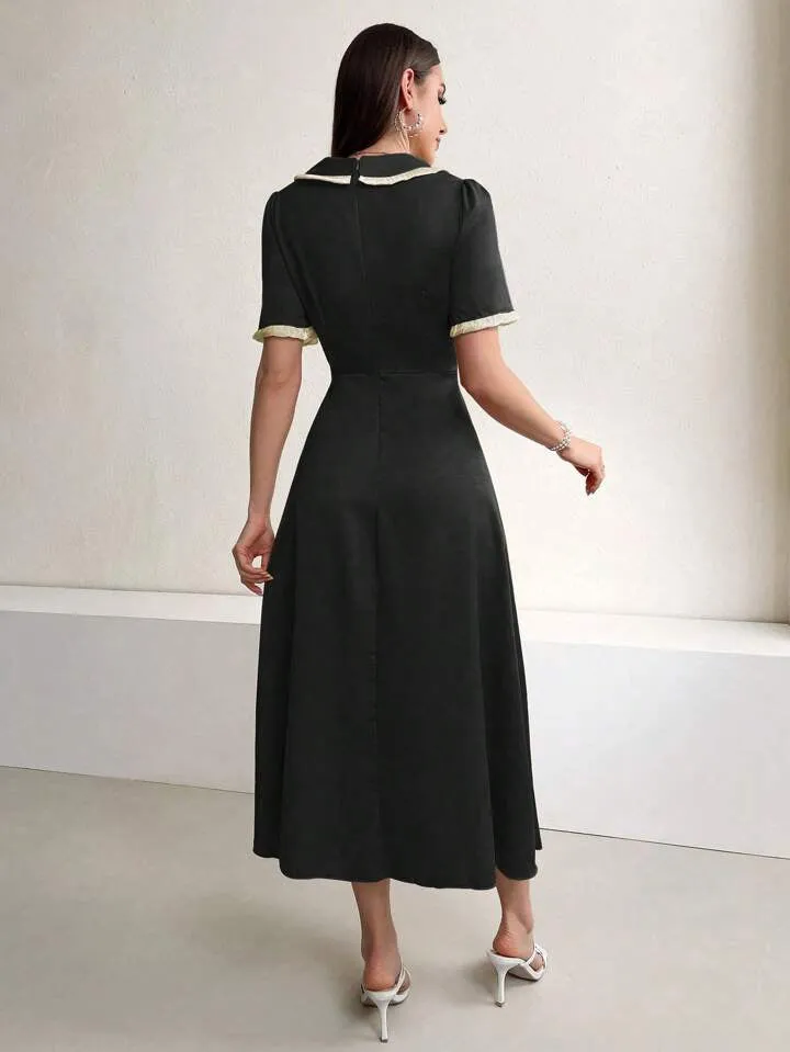 CM-DS135808 Women Casual Seoul Style Contrast Color Edging Peter Pan Collar Front Buttoned Dress