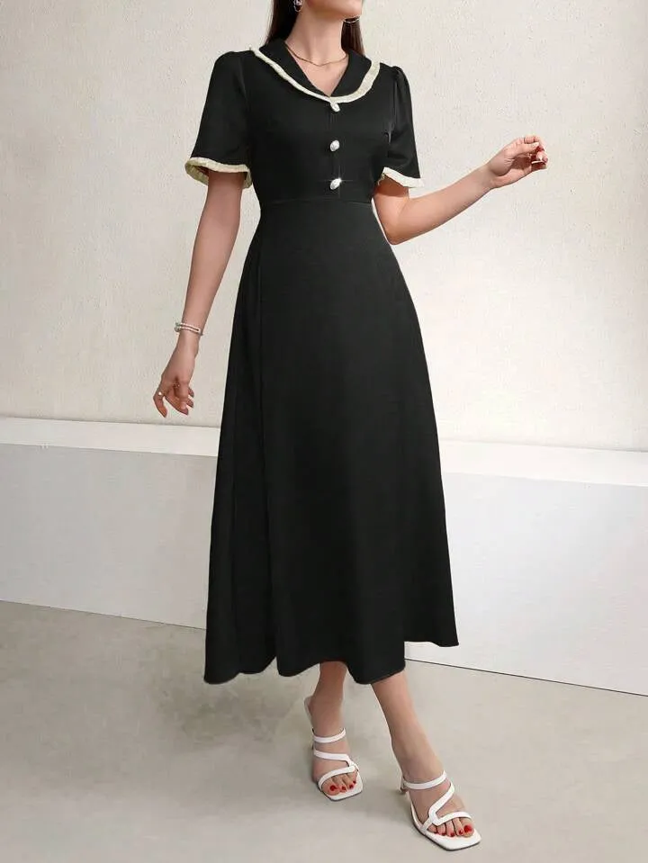 CM-DS135808 Women Casual Seoul Style Contrast Color Edging Peter Pan Collar Front Buttoned Dress