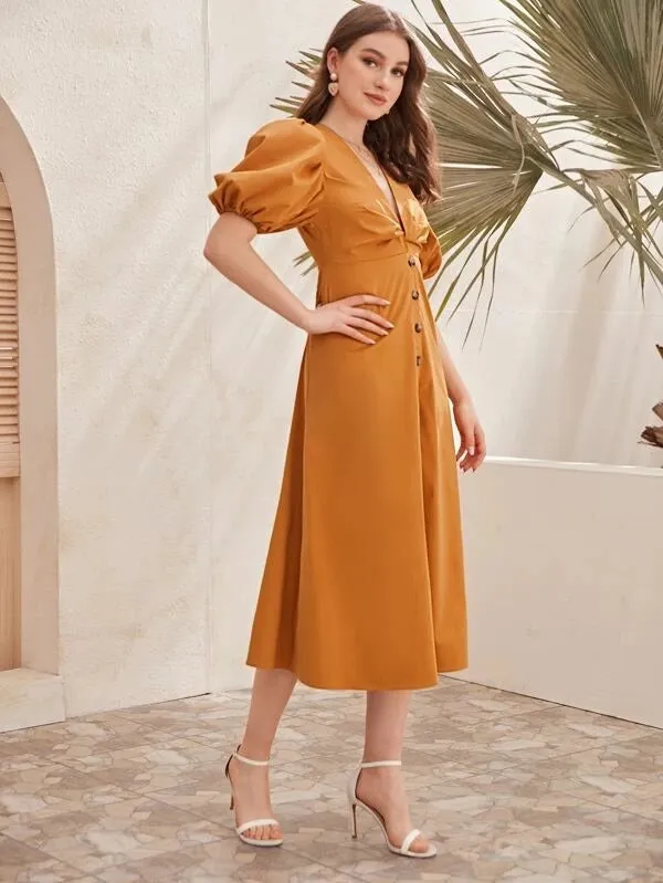 CM-DS227574 Women Casual Seoul Style V-Neck Twist Button Front Puff Sleeve Midi Dress - Camel