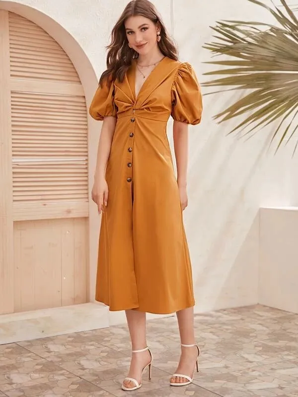 CM-DS227574 Women Casual Seoul Style V-Neck Twist Button Front Puff Sleeve Midi Dress - Camel