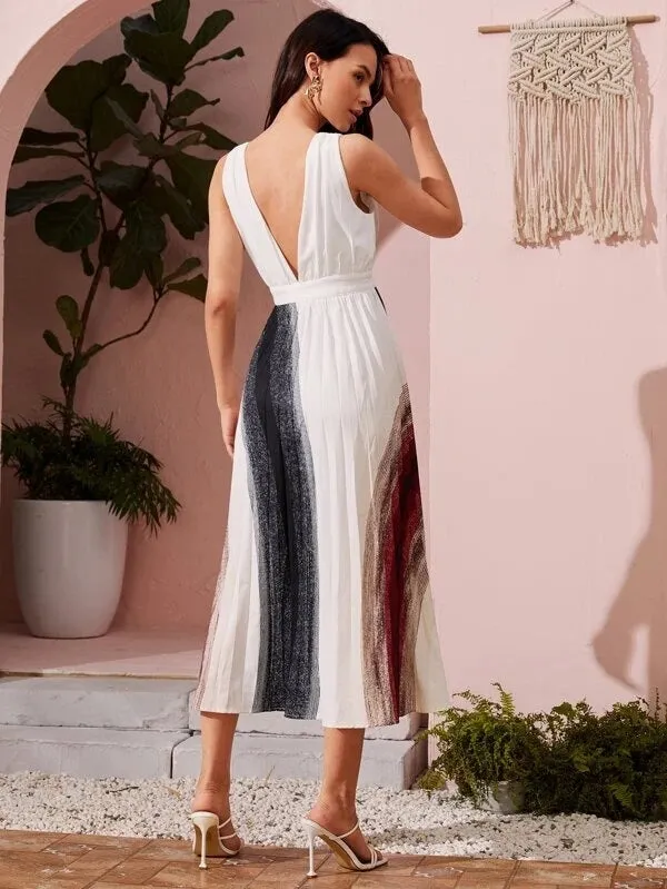 CM-DS228611 Women Elegant Seoul Style Striped Deep V-Neck A-Line Dress