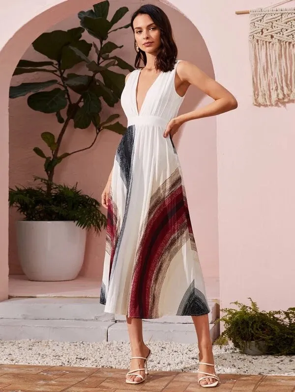 CM-DS228611 Women Elegant Seoul Style Striped Deep V-Neck A-Line Dress