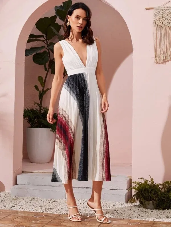 CM-DS228611 Women Elegant Seoul Style Striped Deep V-Neck A-Line Dress
