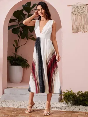CM-DS228611 Women Elegant Seoul Style Striped Deep V-Neck A-Line Dress