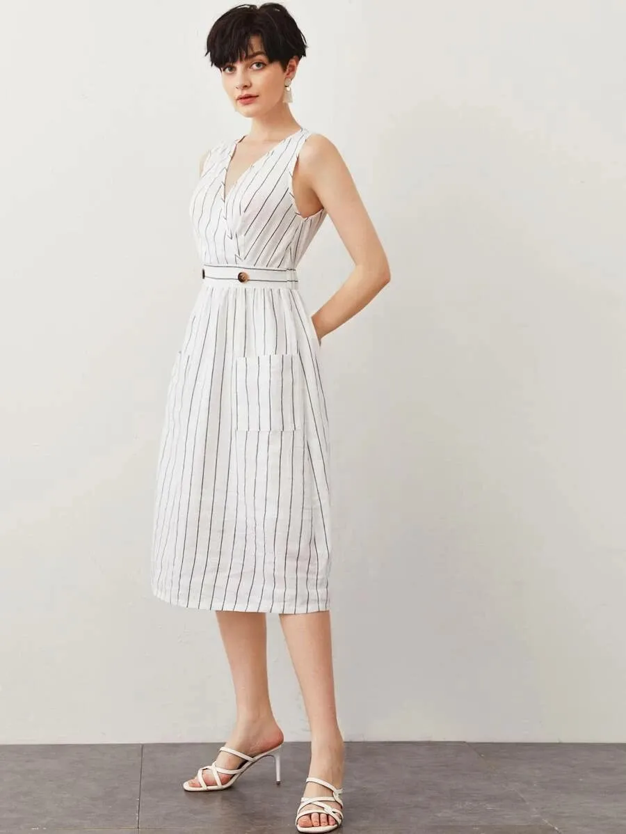 CM-DS414666 Women Trendy Bohemian Style Wrap Front Buttoned Waist Pocket Detail Striped Dress