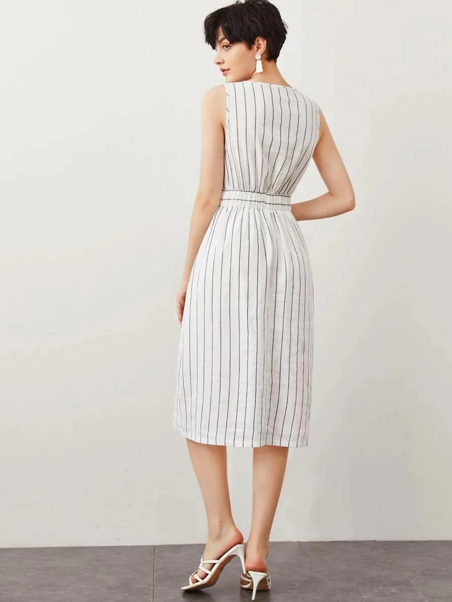 CM-DS414666 Women Trendy Bohemian Style Wrap Front Buttoned Waist Pocket Detail Striped Dress